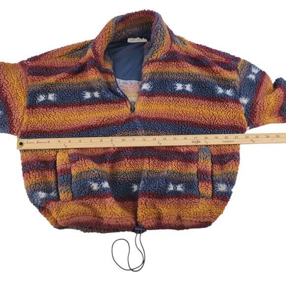 Yellow Striped Sweater Womens Medium Faux Fur Fuzzy Cropped Blue Western Boho - Picture 12 of 14